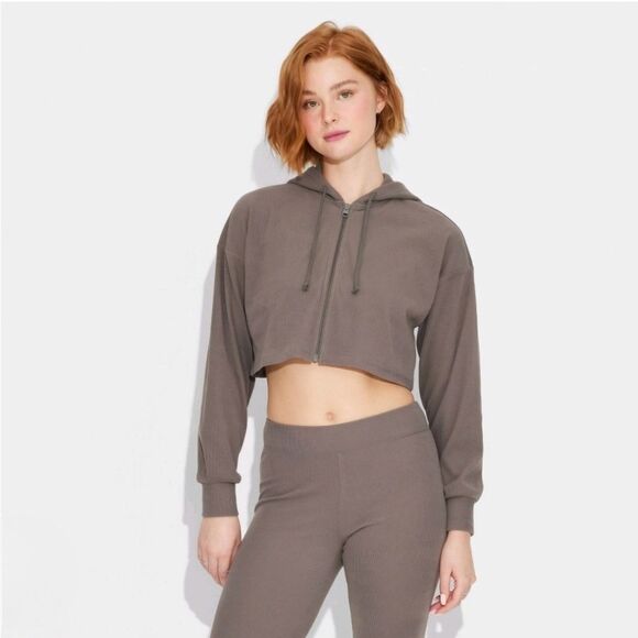 ☔️🩵NWT Gray Ribbed Zippered Crop Hoodie Sweatshirt Large - Picture 2 of 11